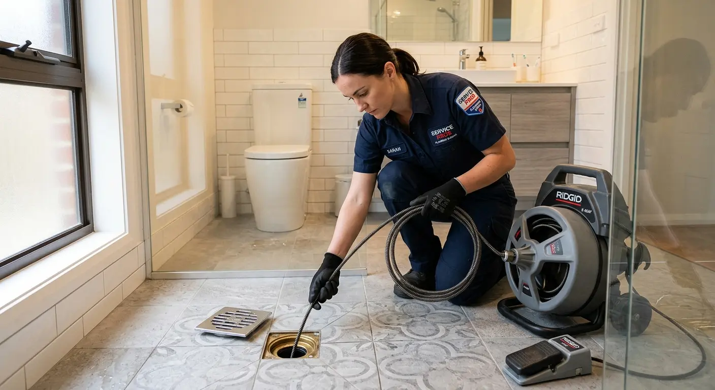 Technician clearing a bathroom floor drain for Drain Cleaning in Lebanon